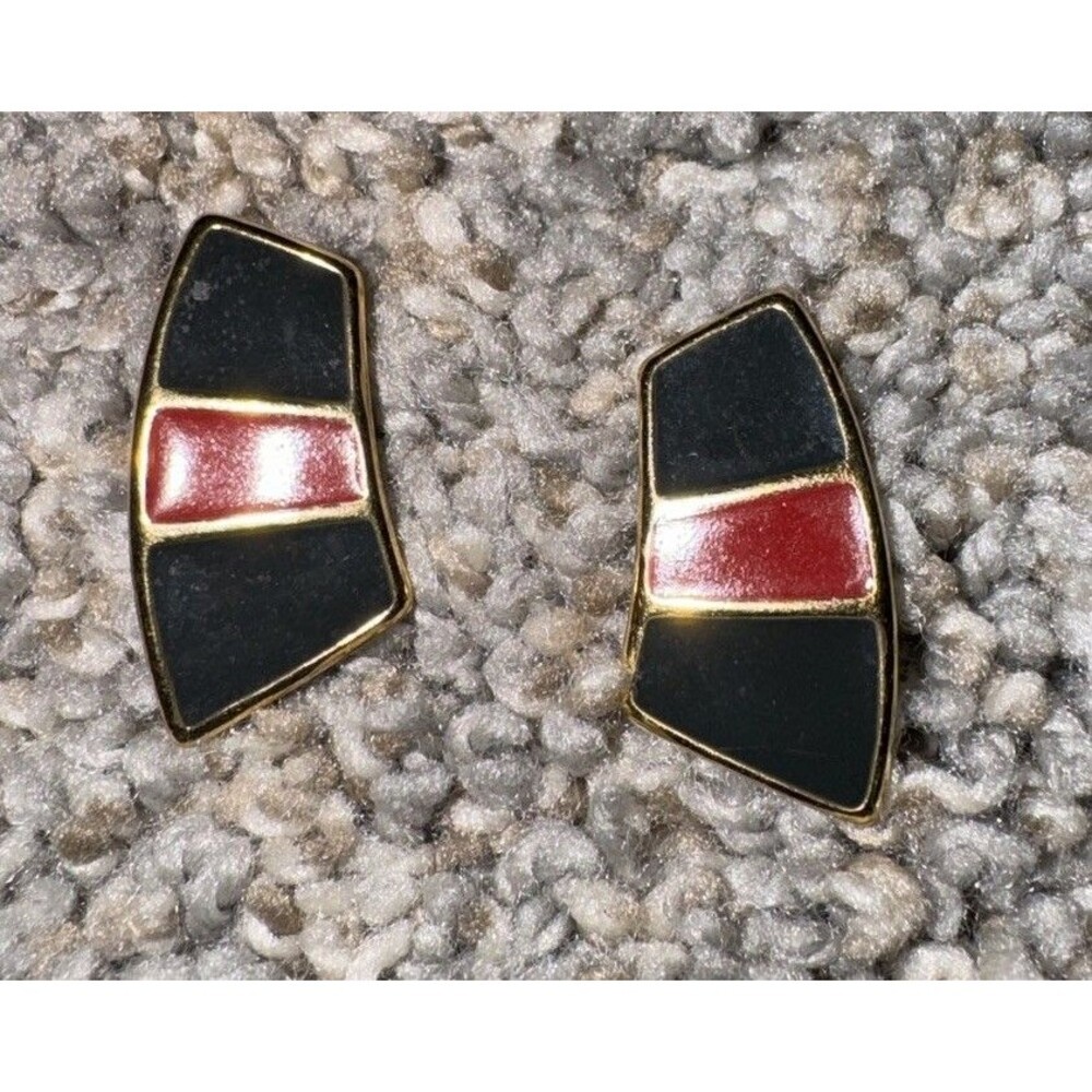 Vtg? Monet Modernist Earrings Red Navy Blue Enamel Gold Tone Signed Pierced